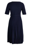 Tibetan Blue Casual Solid Patchwork With Belt O Neck Pleated Plus Size Dresses