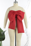 Rose Red Sexy Casual Solid Patchwork Backless With Bow Strapless Plus Size Tops