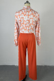 Tangerine Red Casual Sweet Floral Hollowed Out Patchwork Mandarin Collar Long Sleeve Two Pieces