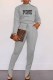 Grey Casual Print Letter O Neck Long Sleeve Two Pieces