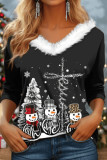 Deep Red Casual Christmas Tree Printed Patchwork V Neck Tops