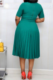 Sky Blue Casual Solid Patchwork With Belt O Neck Pleated Plus Size Dresses