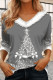 Grey Casual Christmas Tree Printed Patchwork V Neck Tops