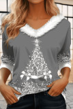 Black Casual Christmas Tree Printed Patchwork V Neck Tops