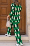 Green Casual Rhombic Patchwork Buttons V Neck Long Sleeve Two Pieces