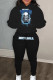 Black Casual Print Patchwork Draw String Pocket Hooded Collar Long Sleeve Two Pieces