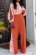 Tangerine Red Casual Sweet Floral Hollowed Out Patchwork Mandarin Collar Long Sleeve Two Pieces