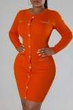 Orange Casual Solid Basic O Neck Long Sleeve Dresses