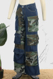 Blue Casual Street Camouflage Print Patchwork High Waist Straight Denim Jeans