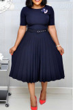 Purple Casual Solid Patchwork With Belt O Neck Pleated Plus Size Dresses