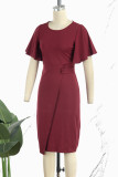 Burgundy Casual Solid Patchwork O Neck Short Sleeve Dress Dresses