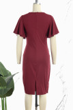 Burgundy Casual Solid Patchwork O Neck Short Sleeve Dress Dresses