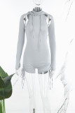 Grey Sexy Solid Backless Hooded Collar Skinny Rompers
