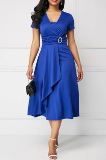 Blue Casual Solid Patchwork V Neck Short Sleeve Dress