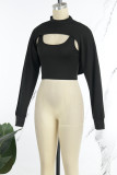 Black Casual Solid Hollowed Out Half A Turtleneck Long Sleeve Two Pieces