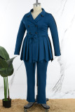 Tibetan Blue Casual Solid Patchwork Turndown Collar Plus Size Two Pieces