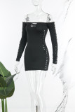 Green Sexy Casual Solid Hollowed Out Backless Off the Shoulder Long Sleeve Dresses