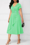 Light Green Casual Solid Patchwork V Neck Short Sleeve Dress