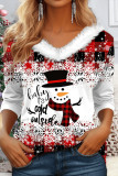 Deep Red Casual Christmas Tree Printed Patchwork V Neck Tops