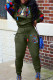 Green Casual Print Patchwork Draw String Pocket O Neck Long Sleeve Two Pieces