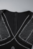Black Sexy Patchwork Hot Drilling See-through V Neck Long Dress Dresses