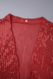 Red Casual Solid Sequins Patchwork Cardigan Collar Outerwear