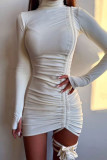 White Casual Solid Draw String Frenulum Turtleneck Long Sleeve Dresses