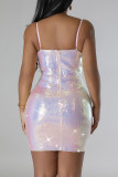 Pink Celebrities Sequins Patchwork Mesh Spaghetti Strap Sling Dress Dresses