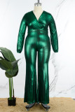 Ink Green Elegant Solid Patchwork V Neck Plus Size Jumpsuits