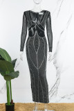 Black Sexy Patchwork Hot Drilling See-through V Neck Long Dress Dresses
