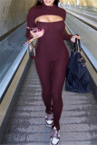 Burgundy Sexy Casual Solid Basic Turtleneck Long Sleeve Two Pieces