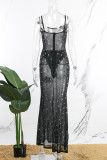 Black Sexy Solid See-through Backless Slit Halter Long Dress (Subject To The Actual Object,With Panties)