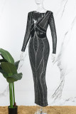 Black Sexy Patchwork Hot Drilling See-through V Neck Long Dress Dresses