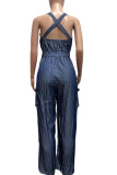 Royal Blue Street Solid Patchwork Pocket Buttons Halter Straight Jumpsuits
