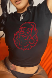 Black Street Print Santa Claus Patchwork O Neck T-Shirts