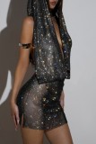 Black Sexy Rhinestone See-through Backless V Neck Sleeveless Dress Dresses