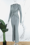 Grey Casual Solid Slit O Neck Long Dress Dresses