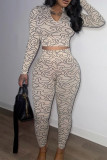 Apricot Sexy Print Patchwork V Neck Long Sleeve Two Pieces