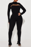 Black Sexy Casual Solid Basic Turtleneck Long Sleeve Two Pieces
