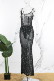 Black Sexy Solid See-through Backless Slit Halter Long Dress (Subject To The Actual Object,With Panties)