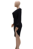 Black Sexy Solid Patchwork High Opening Fold V Neck Long Sleeve Dresses