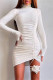 White Casual Solid Draw String Frenulum Turtleneck Long Sleeve Dresses