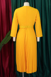 Yellow Elegant Solid Patchwork Fold With Belt V Neck A Line Dresses
