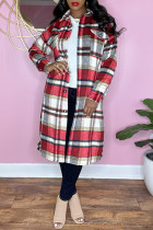 Red Casual Plaid Print Cardigan Shirt Collar Outerwear (Subject To The Actual Object)