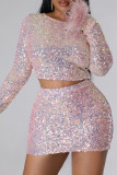 Pink Elegant Solid Sequins Patchwork Feathers O Neck Long Sleeve Two Pieces