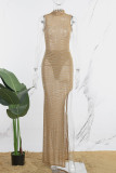 Gold Sexy Patchwork Hot Drilling See-through Slit Turtleneck Long Dress (Subject To The Actual Object)