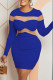 Blue Sexy Casual Solid Patchwork See-through O Neck Long Sleeve Dresses
