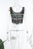 Black Casual Print Basic U Neck Tops