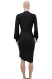 Black Sexy Solid Patchwork High Opening Fold V Neck Long Sleeve Dresses