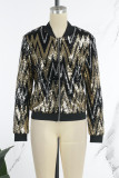 Gold Casual Patchwork Sequins Zipper Collar Outerwear
